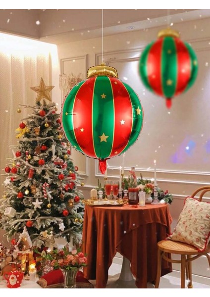 Yeni Yıl Konsepti Kırmızı Yeşil Renkli Dekor Süsü Yılbaşı Top Folyo Balon