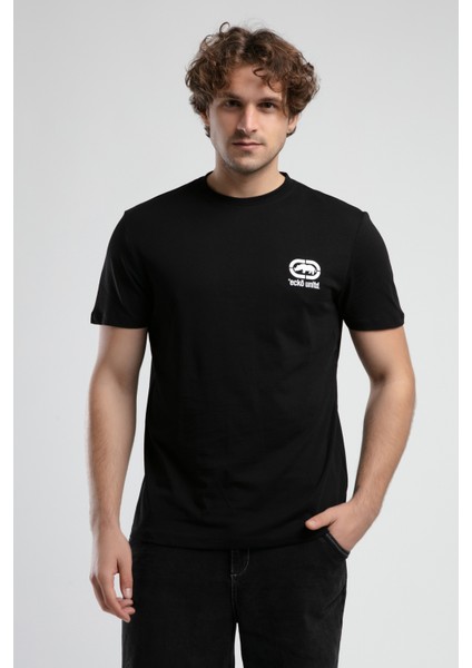 Corınth Siyah - Beyaz Bisiklet Yaka Baskılı Standard Fit Erkek Tshirt