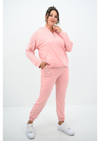 Kadın Büyük Beden Kapüşonlu Taş Süsleme Detaylı Eşofman Takımı 8129-25