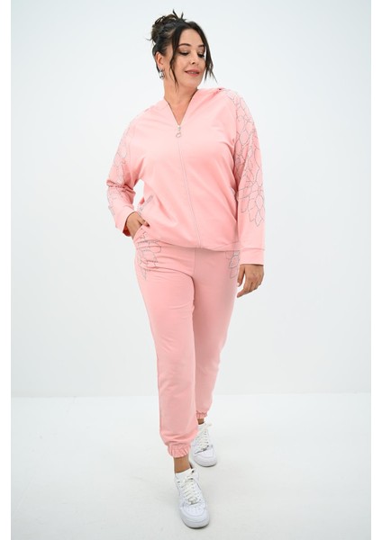 Kadın Büyük Beden Kapüşonlu Taş Süsleme Detaylı Eşofman Takımı 8129-25 modelleri
