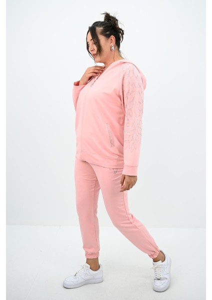 Kadın Büyük Beden Kapüşonlu Taş Süsleme Detaylı Eşofman Takımı 8129-25 fırsatları