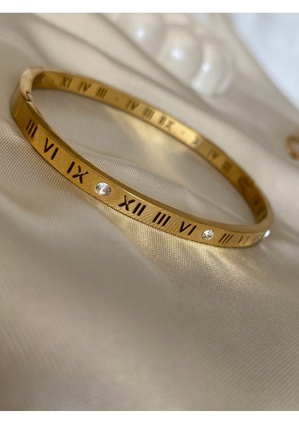 Çelik Gold Kelepçe Bileklik Cartier Model Roma Rakamlı