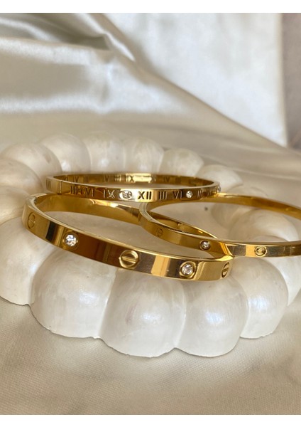 Çelik Gold Kelepçe Bileklik Cartier Model Roma Rakamlı