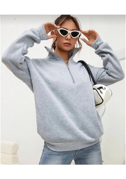 Uzun Kol Yarım Farmuarlı Yakalı Basic Sweatshirt - Gri fiyatları