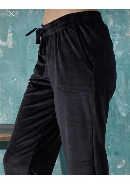 Lacivert Kadın Fransız Kadife Yumuşak Bilek Manşetli/lastikli Cepli Pijama Eşofman Tek Alt