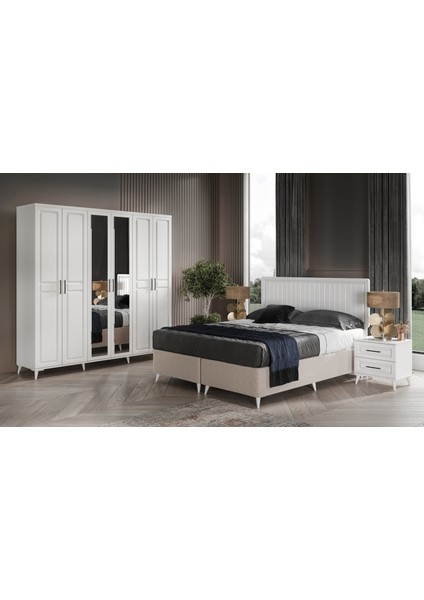 Ücretsiz Montaj - %100 MDF Sport 6 Kapaklı Beyaz Yatak Odası Takımı Baza Dahil