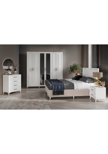 Ücretsiz Montaj - %100 MDF Sport 6 Kapaklı Beyaz Yatak Odası Takımı Baza Dahil