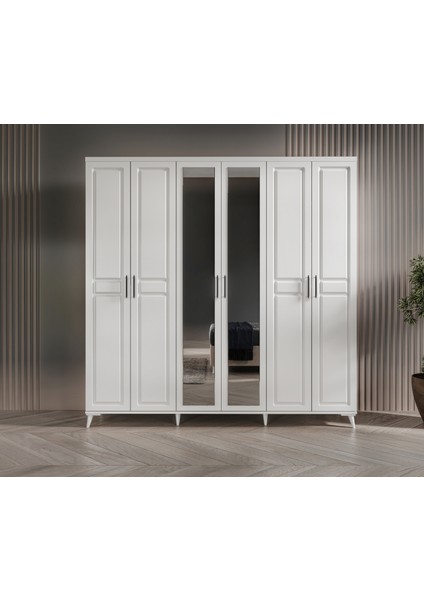 Ücretsiz Montaj - %100 MDF Sport 6 Kapaklı Beyaz Yatak Odası Takımı Baza Dahil
