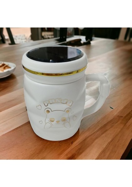 Ayna Kapaklı Panda Desenli Porselen Kupa Bardak Beyaz Kupa Bardak indirimleri