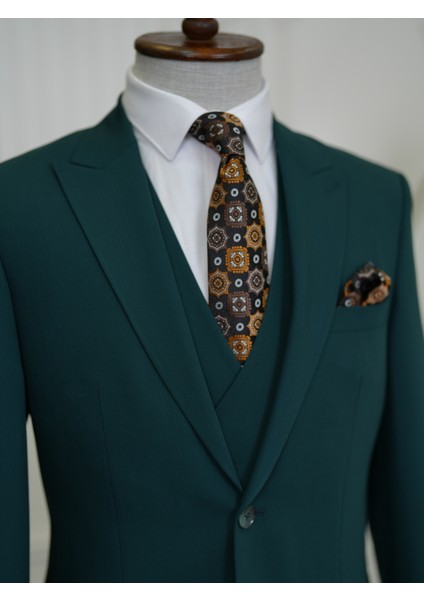 Erkek Takım Elbise Kırlangıç Yaka Italyan Kesim Slim Fit Ceket Yelek Pantolon-Yeşil fiyatları