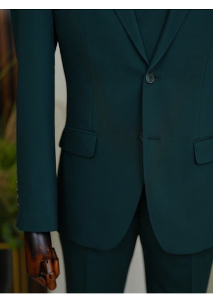Erkek Takım Elbise Kırlangıç Yaka Italyan Kesim Slim Fit Ceket Yelek Pantolon-Yeşil fırsatları