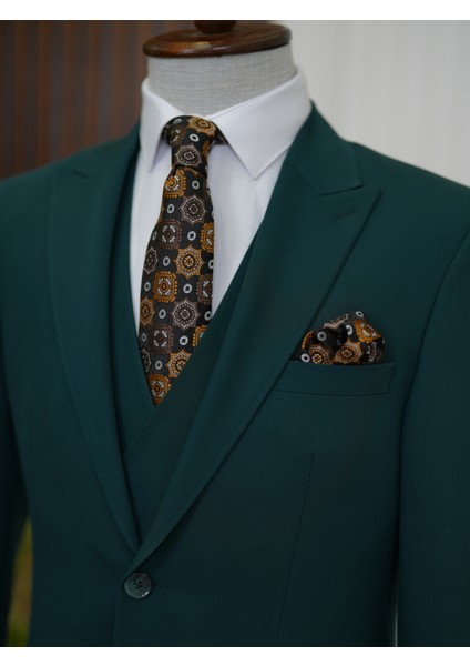 Erkek Takım Elbise Kırlangıç Yaka Italyan Kesim Slim Fit Ceket Yelek Pantolon-Yeşil indirimleri