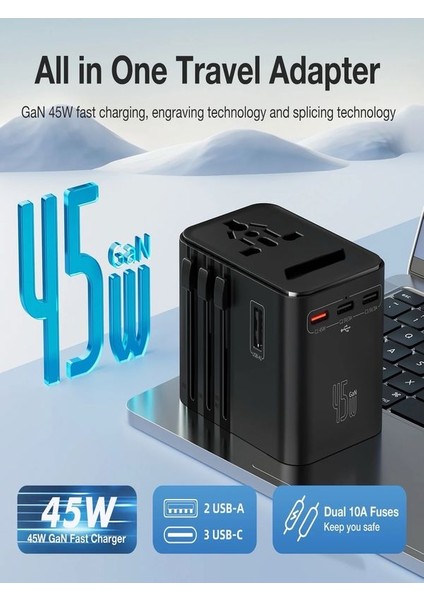 Fc-22 200+ÜLKE 45W Global Seyahat Şarj Aleti - 2 Usb-A, 3 Type-C, 1 Ac Priz Adaptörü Çoğaltıcı
