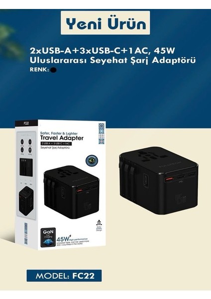 Fc-22 200+ÜLKE 45W Global Seyahat Şarj Aleti - 2 Usb-A, 3 Type-C, 1 Ac Priz Adaptörü Çoğaltıcı