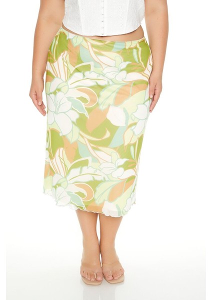 Plus Size Tropikal Desenli Midi Etek