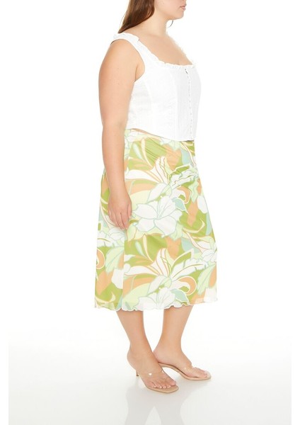 Plus Size Tropikal Desenli Midi Etek fırsatları