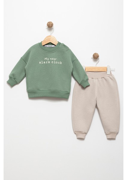 Erkek Bebek Yeşil 12 Ay Pamuklu Şardonlu 3 Ip Sweatshırt Jogger Takım