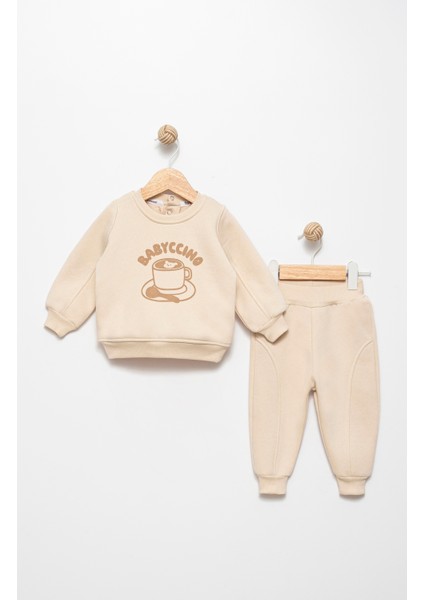 Erkek Bebek Baskılı Bej 9 Ay Pamuklu Şardonlu 3 Ip Sweatshırt Jogger Takım