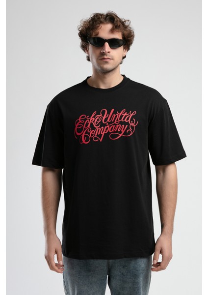 Albany Siyah Bisiklet Yaka Baskılı Oversize Erkek Tshirt