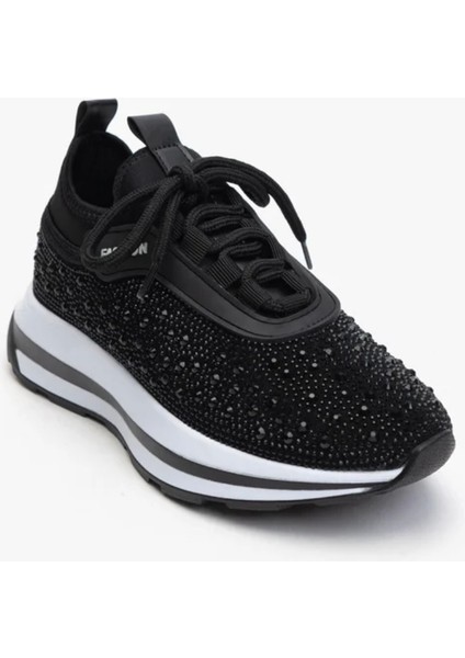 Kadın Siyah Taşlı Beyaz Tabanlı Ortopedik Tabanlı Sneakers