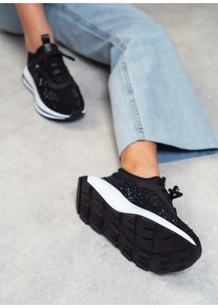 Kadın Siyah Taşlı Beyaz Tabanlı Ortopedik Tabanlı Sneakers fiyatları
