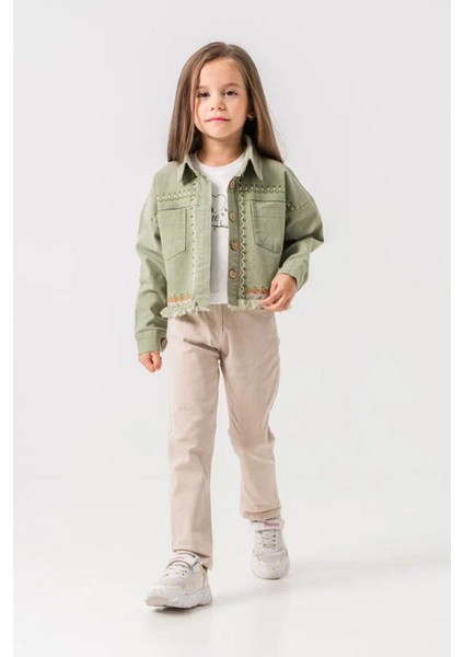 (5-8 Yaş) Nakışlı Cepli Kız Çocuk Ceketli Takım - Yeşil