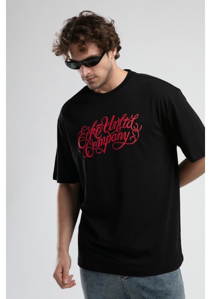 Albany Siyah Bisiklet Yaka Baskılı Oversize Erkek Tshirt