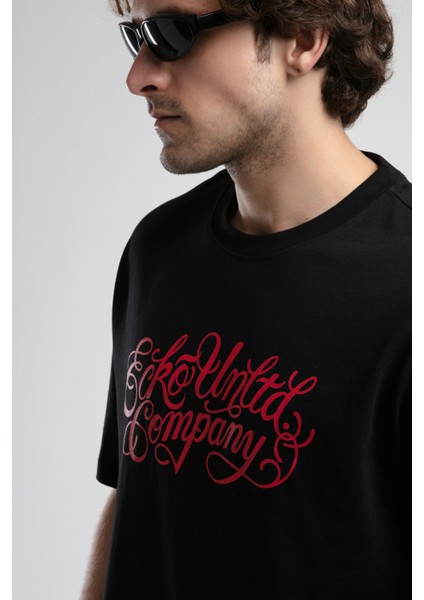 Albany Siyah Bisiklet Yaka Baskılı Oversize Erkek Tshirt
