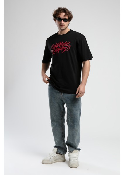 Albany Siyah Bisiklet Yaka Baskılı Oversize Erkek Tshirt