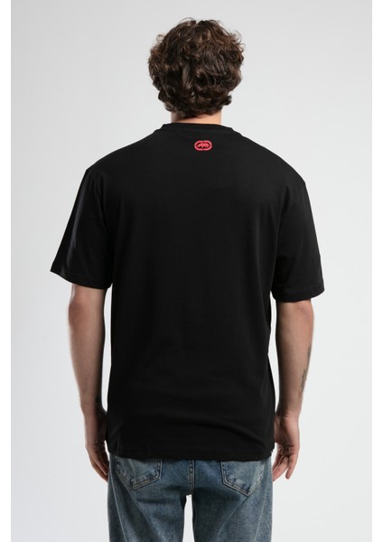 Albany Siyah Bisiklet Yaka Baskılı Oversize Erkek Tshirt