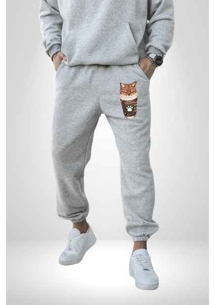 Catpuccino Kedi Karikatür Eğlenceli Tasarım Erkek Kadın Gri Lastikli Bel Paca Eşofman Altı
