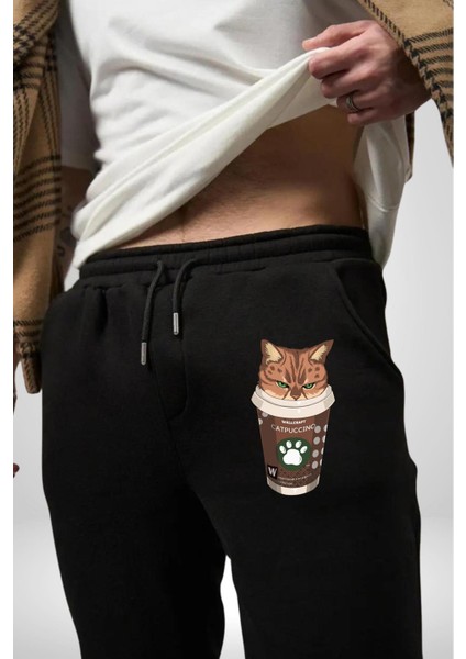 Catpuccino Kedi Karikatür Eğlenceli Tasarım Erkek Kadın Siyah Lastikli Bel Paca Eşofman Altı indirimleri