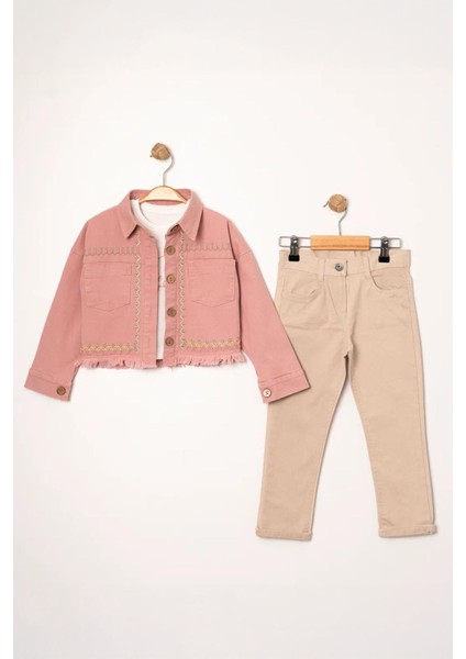 (5-8 Yaş) Nakışlı Cepli Kız Çocuk Ceketli Takım - Pembe