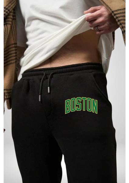 Boston Erkek Kadın Siyah Lastikli Bel Paca Eşofman Altı