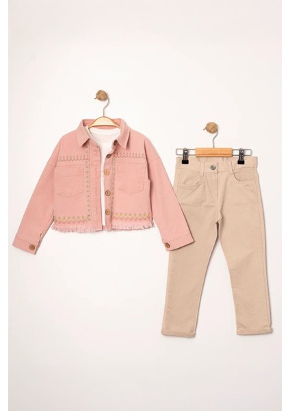(5-8 Yaş) Nakışlı Cepli Kız Çocuk Ceketli Takım - Pudra