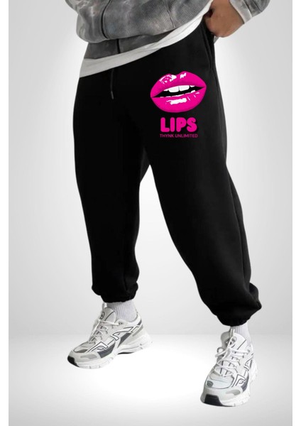 Lips Ruj Pembe Dudak Sınırsız Düşün Erkek Kadın Siyah Lastikli Bel Paca Eşofman Altı