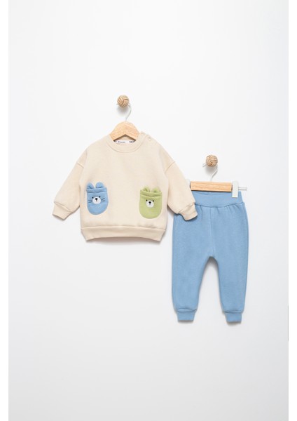 Unısex Bebek Bej 18 Ay Pamuklu Şardonlu 3 Ip Sweatshırt Jogger Takım