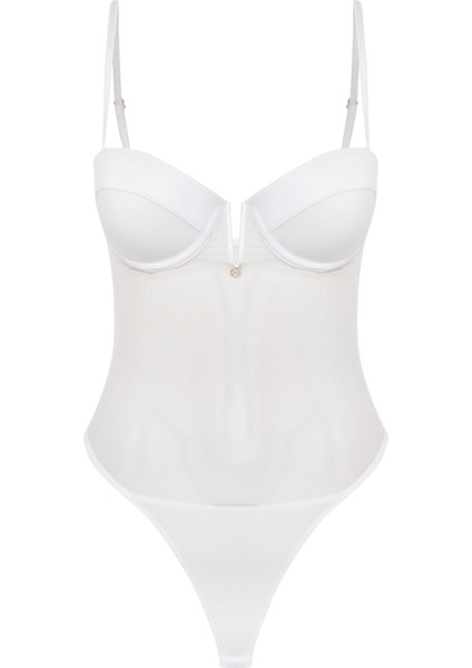 Viola Destekli Push Up Tül Bodysuit Beyaz