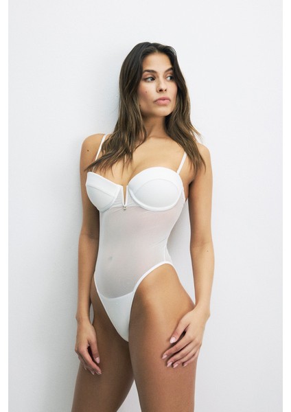 Viola Destekli Push Up Tül Bodysuit Beyaz