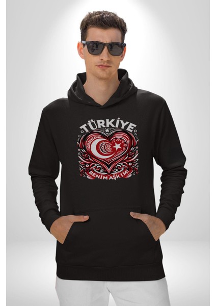 Türkiye Ay Yıldız Kırmızı Beyaz Kalp Erkek Kadın Siyah Dijital Baskılı Kapüşonlu Sweatshirt Hoodie