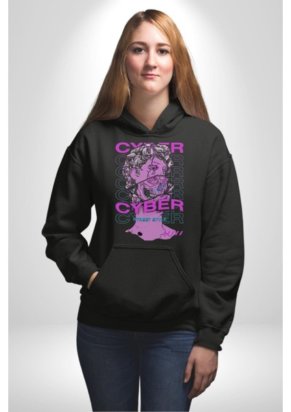 Siber Sokak Stili Erkek Kadın Siyah Dijital Baskılı Kapüşonlu Sweatshirt Hoodie