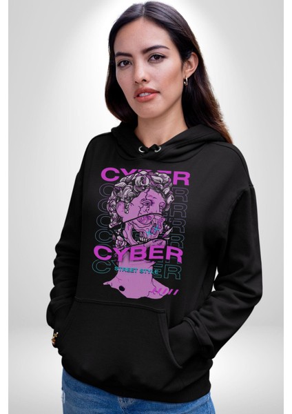 Siber Sokak Stili Erkek Kadın Siyah Dijital Baskılı Kapüşonlu Sweatshirt Hoodie fırsatları