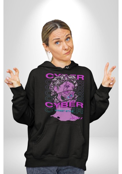 Siber Sokak Stili Erkek Kadın Siyah Dijital Baskılı Kapüşonlu Sweatshirt Hoodie indirimleri