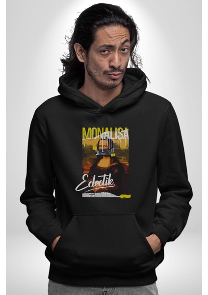 Monalisa Elektrik Özel Yapay Zeka Tasarımı Erkek Kadın Siyah Dijital Baskılı Kapüşonlu Sweatshirt Hoodie