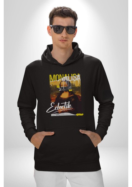 Monalisa Elektrik Özel Yapay Zeka Tasarımı Erkek Kadın Siyah Dijital Baskılı Kapüşonlu Sweatshirt Hoodie modelleri