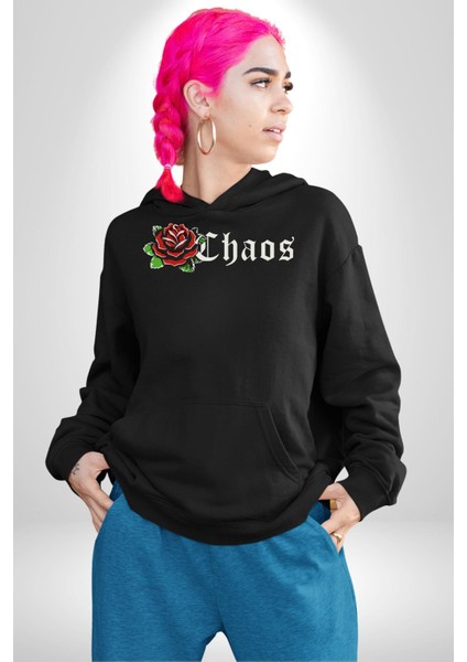 Kırmızı Gül Kaos Erkek Kadın Siyah Dijital Baskılı Kapüşonlu Sweatshirt Hoodie