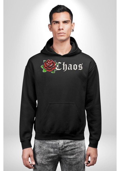 Kırmızı Gül Kaos Erkek Kadın Siyah Dijital Baskılı Kapüşonlu Sweatshirt Hoodie