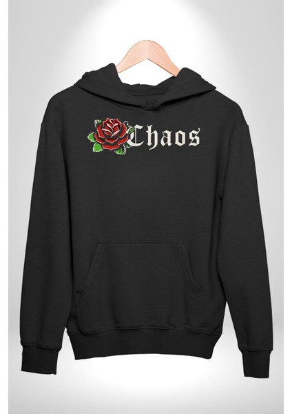 Kırmızı Gül Kaos Erkek Kadın Siyah Dijital Baskılı Kapüşonlu Sweatshirt Hoodie