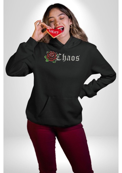 Kırmızı Gül Kaos Erkek Kadın Siyah Dijital Baskılı Kapüşonlu Sweatshirt Hoodie