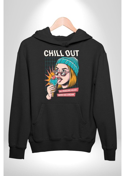 Sakin Ol Tüm Sorunlar Çözüldü Dondurma Ile Erkek Kadın Siyah Dijital Baskılı Kapüşonlu Sweatshirt Hoodie